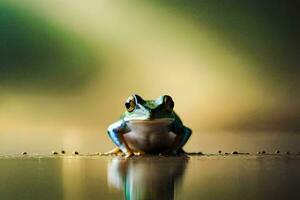 une grenouille séance sur le sol avec une floue Contexte. généré par ai photo