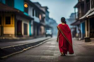 une femme dans une rouge sari des promenades vers le bas une rue. généré par ai photo