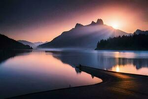 lever du soleil plus de le montagnes, lac, brouillard, montagnes, eau, HD fond d'écran. généré par ai photo