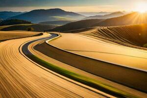 le Soleil est réglage plus de une enroulement route dans le campagne. généré par ai photo