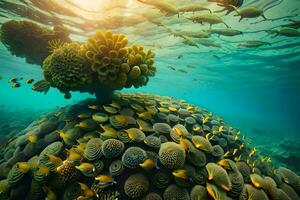 une corail récif avec beaucoup poisson nager autour il. généré par ai photo