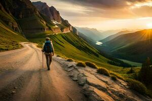 une homme des promenades vers le bas une saleté route dans le montagnes. généré par ai photo