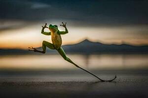 une grenouille sauter sur le plage à le coucher du soleil. généré par ai photo