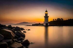 une phare des stands dans le l'eau à le coucher du soleil. généré par ai photo