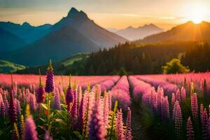 le Soleil monte plus de une champ de lupin fleurs dans le montagnes. généré par ai photo