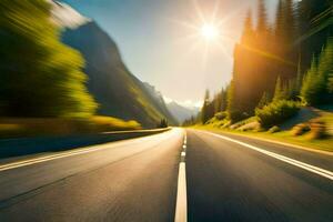 une floue image de une route avec des arbres et montagnes. généré par ai photo