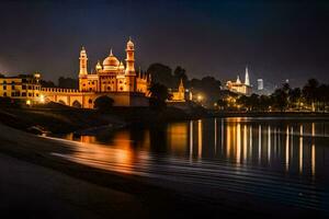 le mosquée à nuit dans le ville. généré par ai photo
