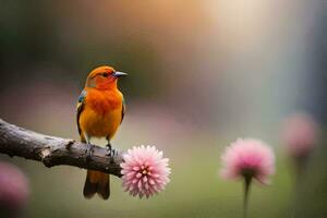 une coloré oiseau est assis sur une branche avec rose fleurs. généré par ai photo