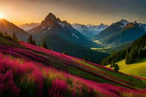 le Soleil ensembles plus de une Montagne intervalle avec rose fleurs. généré par ai photo