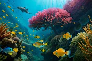 sous-marin scène avec corail récifs et poisson. généré par ai photo