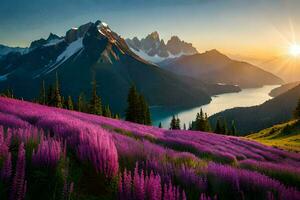 le Soleil monte plus de le montagnes et violet fleurs dans le premier plan. généré par ai photo