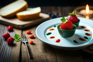 une assiette avec des fraises et une couteau. généré par ai photo