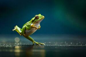 une grenouille est sauter sur ses de derrière jambes. généré par ai photo