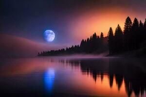 une plein lune est vu plus de une Lac à nuit. généré par ai photo