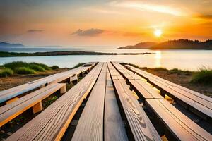 en bois bancs sur le plage à le coucher du soleil. généré par ai photo