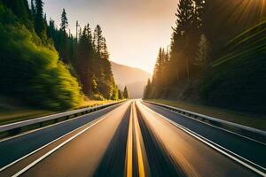 une voiture conduite vers le bas une Autoroute avec le Soleil brillant. généré par ai photo