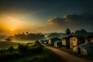 le Soleil monte plus de une rural village dans le Matin. généré par ai photo