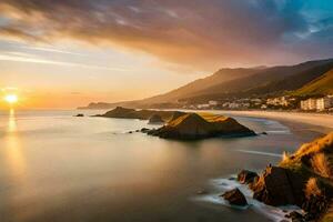 le Soleil ensembles plus de le océan et le plage dans cette magnifique photo. généré par ai photo