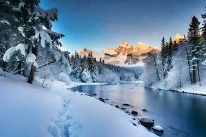 une neigeux rivière et des arbres dans le montagnes. généré par ai photo