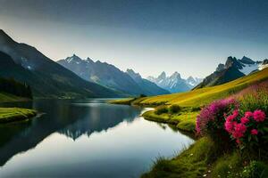 une magnifique Montagne Lac entouré par fleurs. généré par ai photo