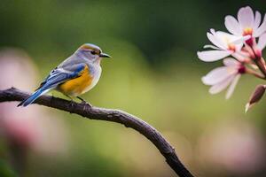 une bleu et Jaune oiseau est assis sur une branche. généré par ai photo