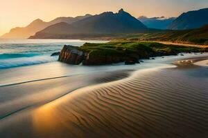 le Soleil ensembles plus de une plage et montagnes. généré par ai photo