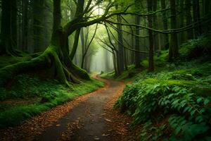 une chemin par une vert forêt avec des arbres et vert herbe. généré par ai photo