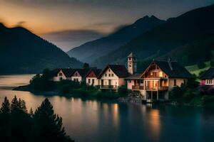 une Lac et Maisons dans le montagnes à le coucher du soleil. généré par ai photo