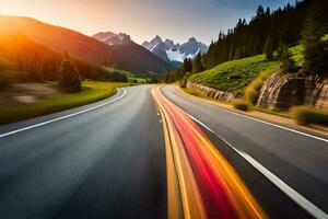 une voiture conduite sur une Autoroute avec montagnes dans le Contexte. généré par ai photo