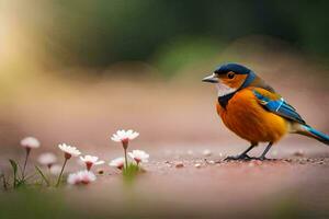 photo fond d'écran le oiseau, fleurs, printemps, le soleil, fleurs, oiseau, printemps, le. généré par ai