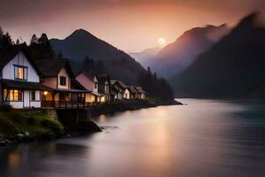 une maison est assis sur le rive de une Lac à le coucher du soleil. généré par ai photo