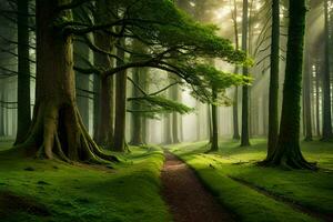 une chemin par une forêt avec des arbres et herbe. généré par ai photo