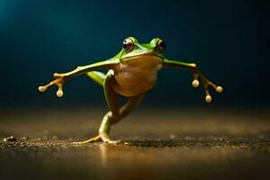 une grenouille est sauter sur le sol. généré par ai photo