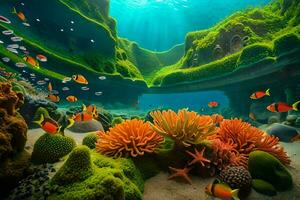 sous-marin scène avec corail et poisson. généré par ai photo