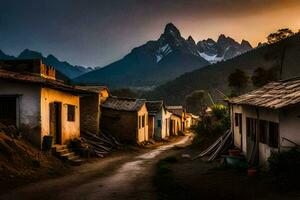 une village à le coucher du soleil avec montagnes dans le Contexte. généré par ai photo