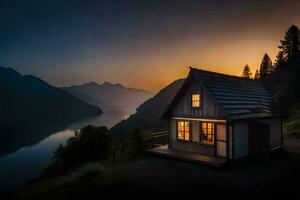 une petit cabine est assis sur le bord de une Lac à le coucher du soleil. généré par ai photo