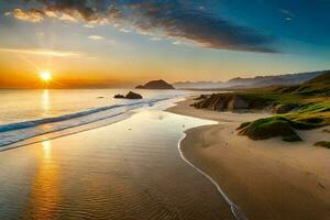 le Soleil ensembles plus de le océan et le plage dans cette photo. généré par ai photo