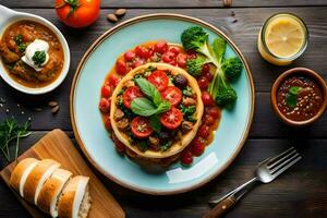 une assiette de nourriture avec des légumes et pain. généré par ai photo