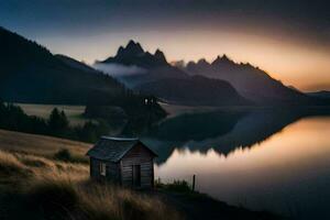 une petit cabine est assis sur le rive de une Lac à le coucher du soleil. généré par ai photo