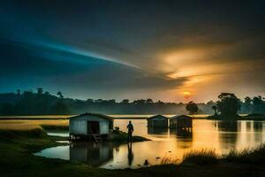 le lever du soleil plus de le lac. généré par ai photo