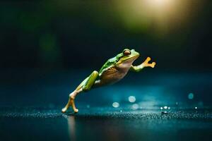 une grenouille sauter dans le air sur une foncé Contexte. généré par ai photo