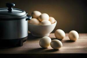 un électrique pression cuisinier avec des œufs et une bol. généré par ai photo