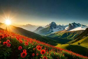 le Soleil brille plus de une champ de rouge fleurs. généré par ai photo