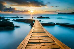 une en bois pont pistes à le océan à le coucher du soleil. généré par ai photo