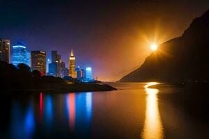 le lune monte plus de le ville horizon à nuit. généré par ai photo