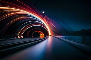 une longue exposition photographier de une tunnel avec lumières. généré par ai photo