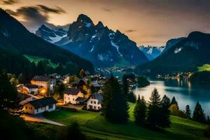 une village dans le montagnes à crépuscule avec une Lac et montagnes. généré par ai photo