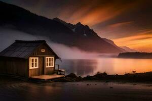 une petit cabine est assis sur le rive de une Lac à le coucher du soleil. généré par ai photo