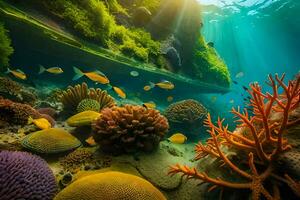 le Soleil brille plus de une corail récif et poisson. généré par ai photo