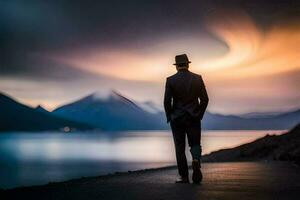 une homme dans une costume et chapeau des promenades le long de une route à le coucher du soleil. généré par ai photo